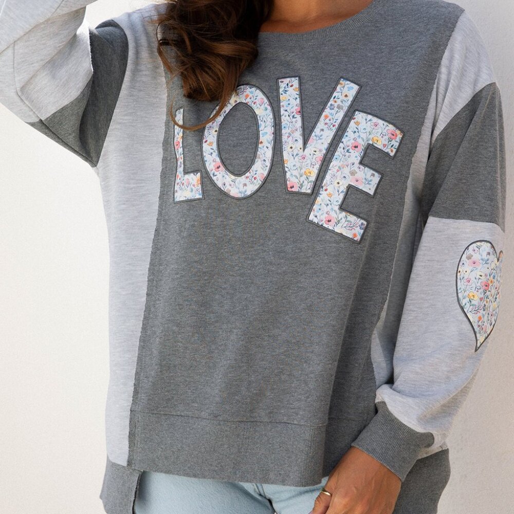 B324  Grey LOVE Graphic Exposed Seam Patchwork Uneven Hem Chic Sweatshirt